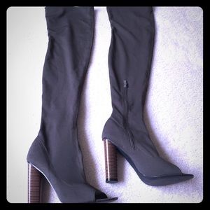 Thigh high olive block heel